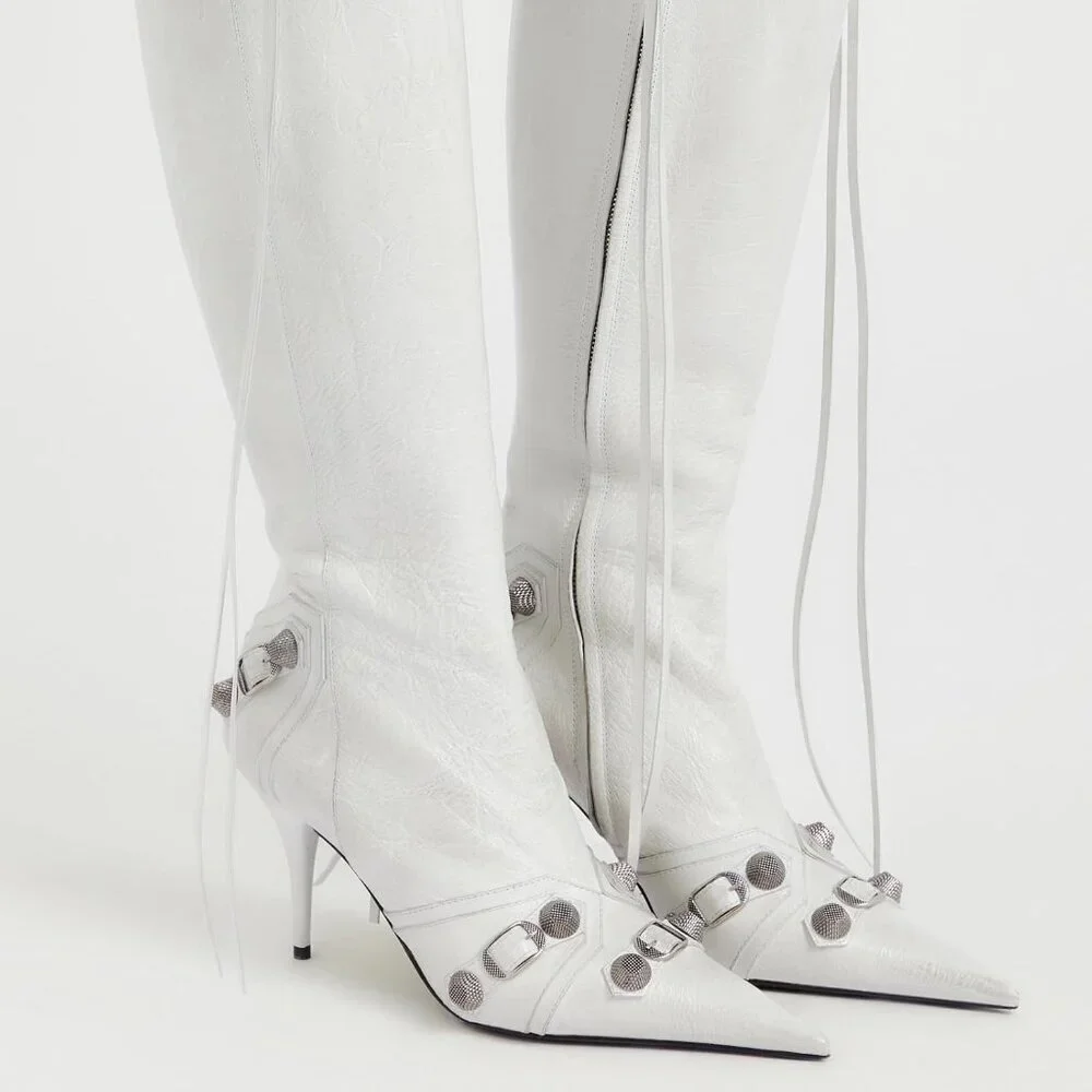 Women's Faux Leather White Stiletto Knee High Pointed Toe High Heel Zipper Boots